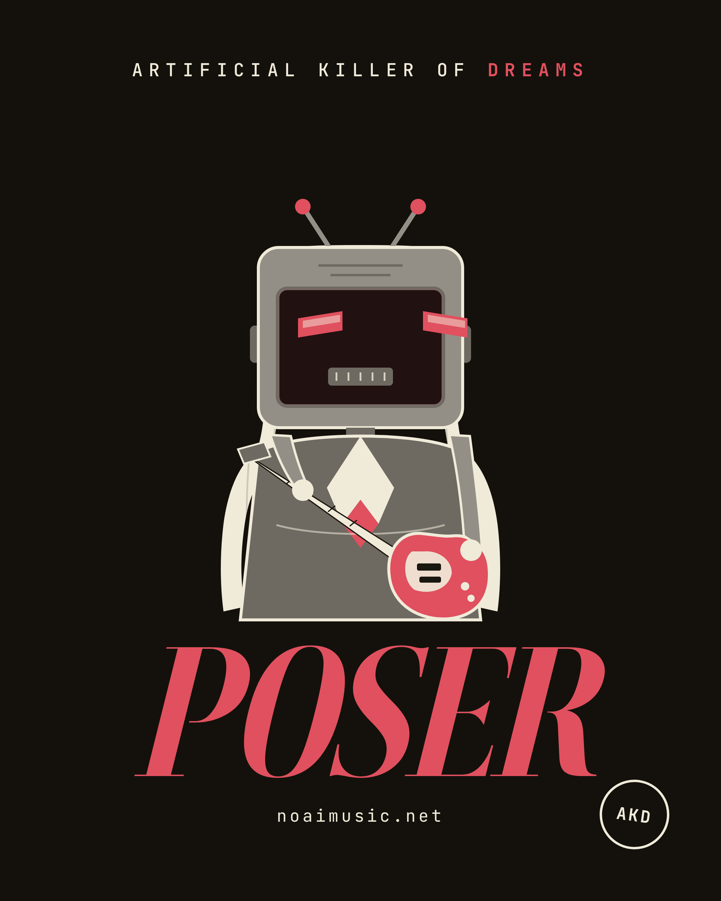 Poser T-shirt — a CRT-headed robot with long hair holding a guitar, POSER wordmark