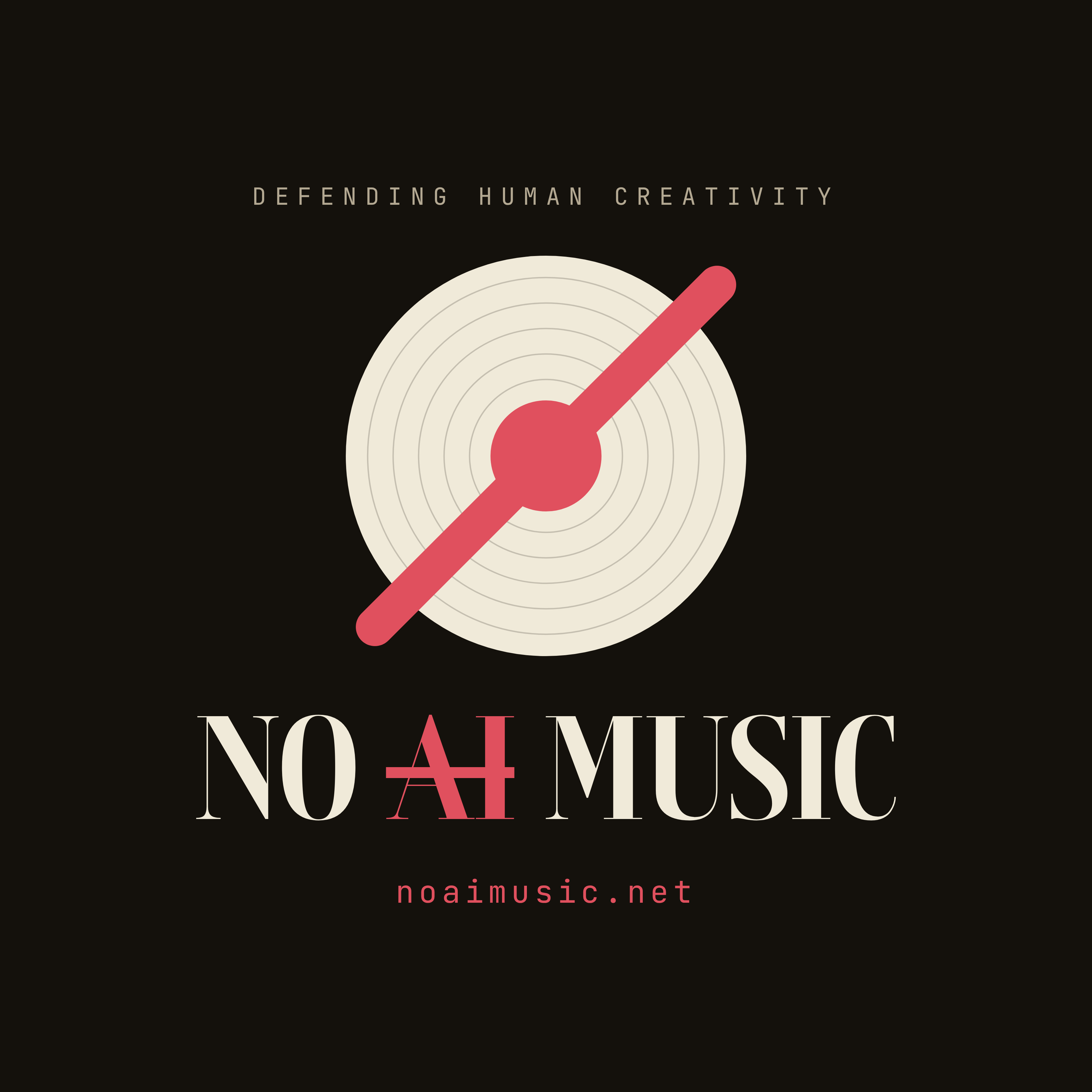 No AI Music emblem T-shirt — vinyl record with a red slash, NO AI MUSIC wordmark